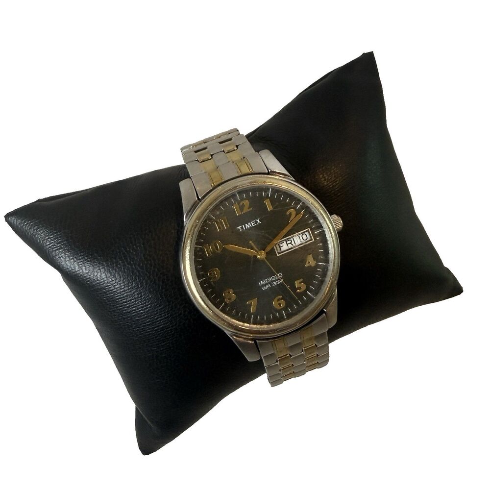 Timex Indiglo Two Tone Day-Date Black Dial Mens Watch 35mm Stretch Band GUC